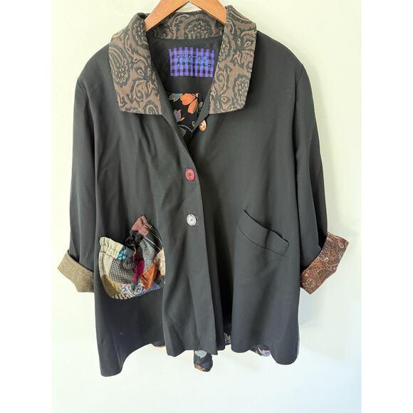 Vintage Womens Cardamone Small Patchwork Jacket Black Swing Coat Boho Y2K 80s - Picture 1 of 12